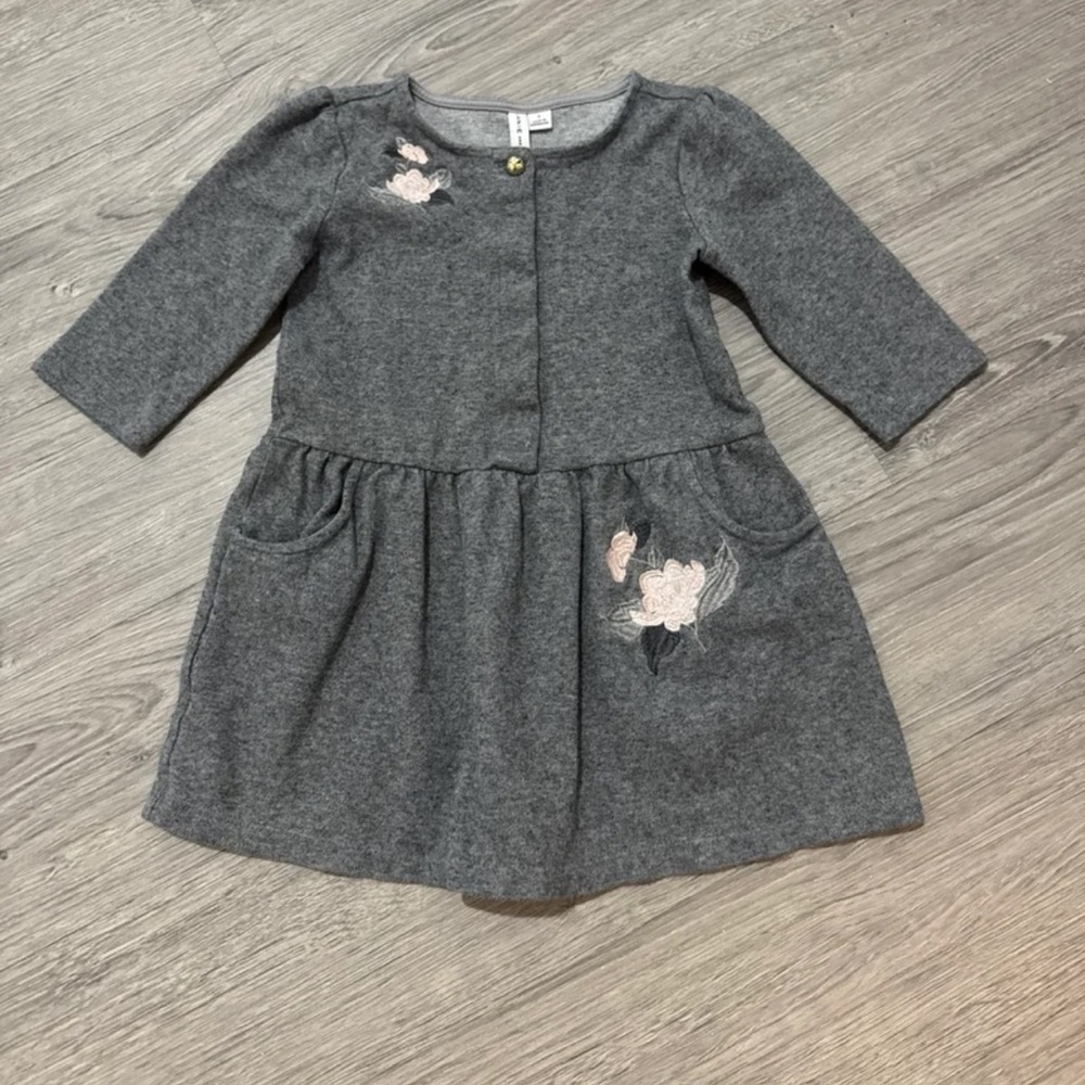 Janie and Jack dress Sz.5 Black/Grey/White Dress Embroidered Flowers-2 Pockets